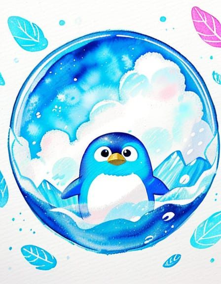 Whimsical Baby Penguin on Icy Iceberg in Colorful Watercolor...