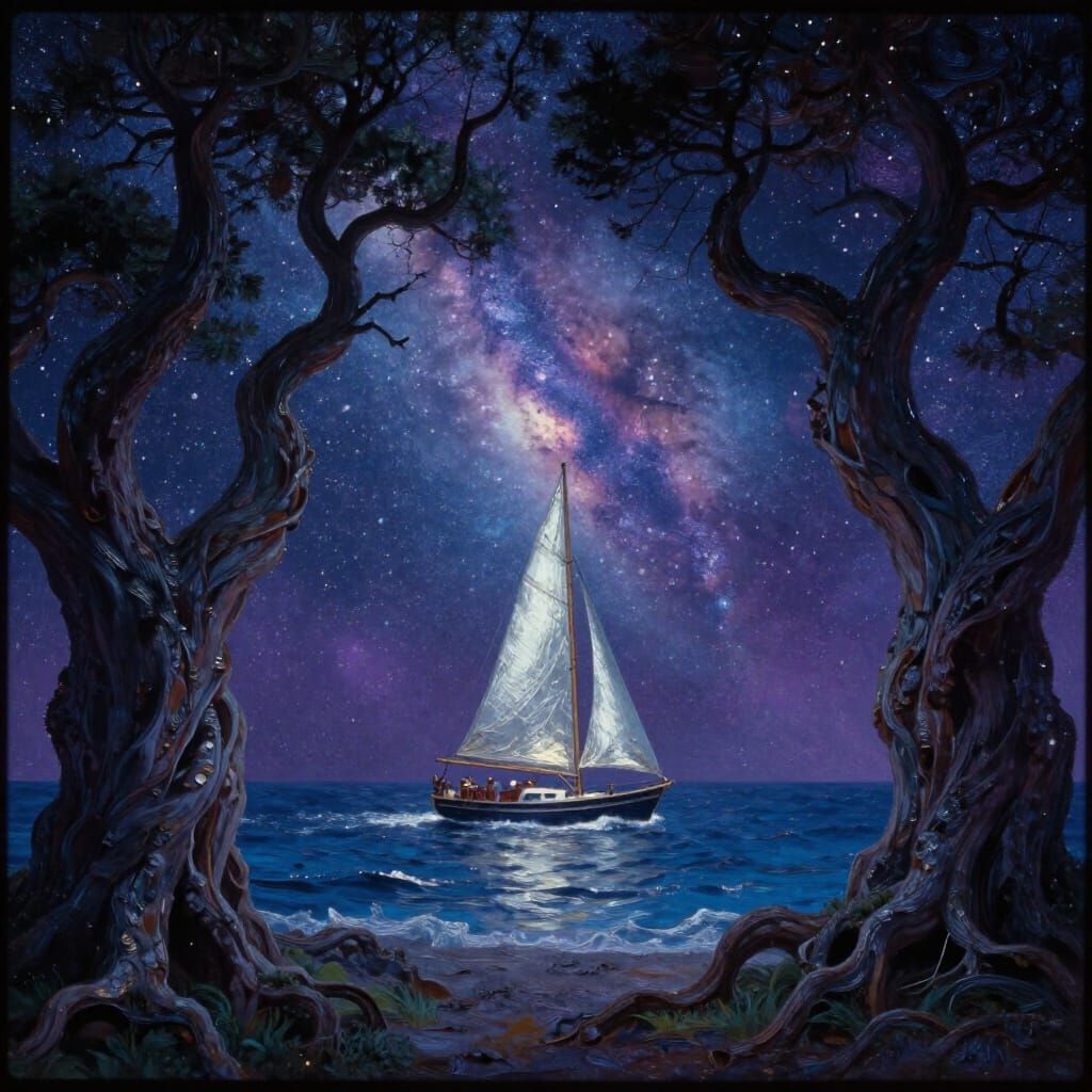 Cosmic Sailboat Amidst Ancient Druid Trees