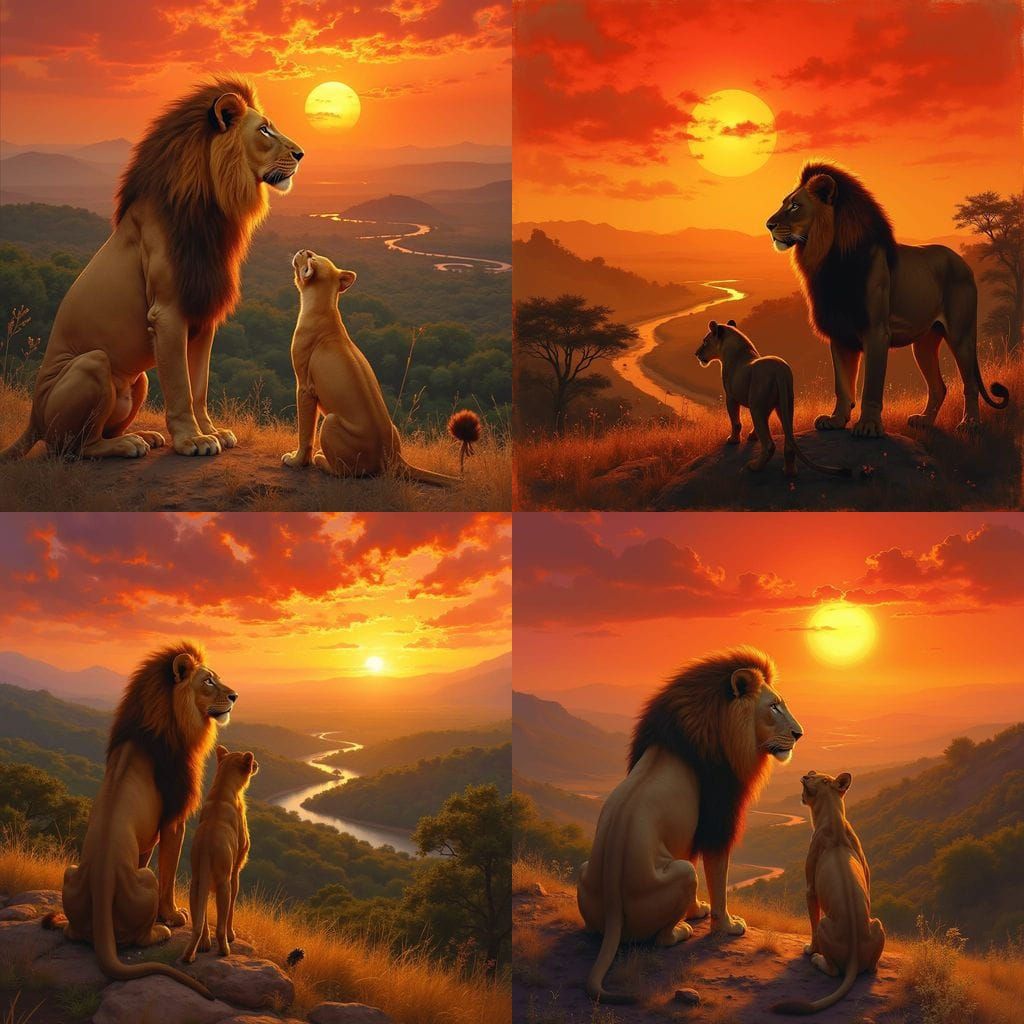 Lion and Lioness at Sahara Sunset: Oil Painting