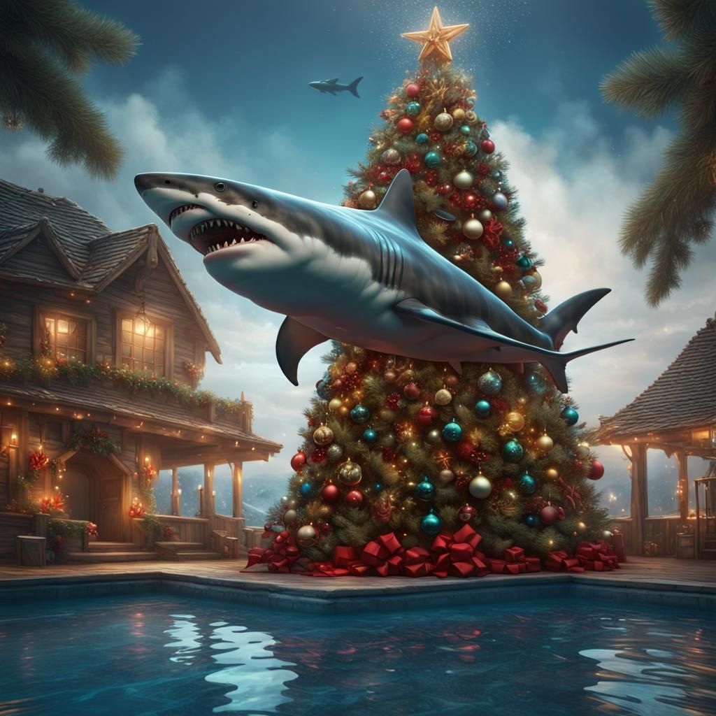 Festive Shark Christmas Tree in Detailed Matte Painting