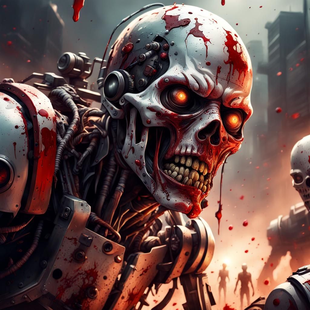 Hyperrealistic War: Zombies vs Robots in Splash Art