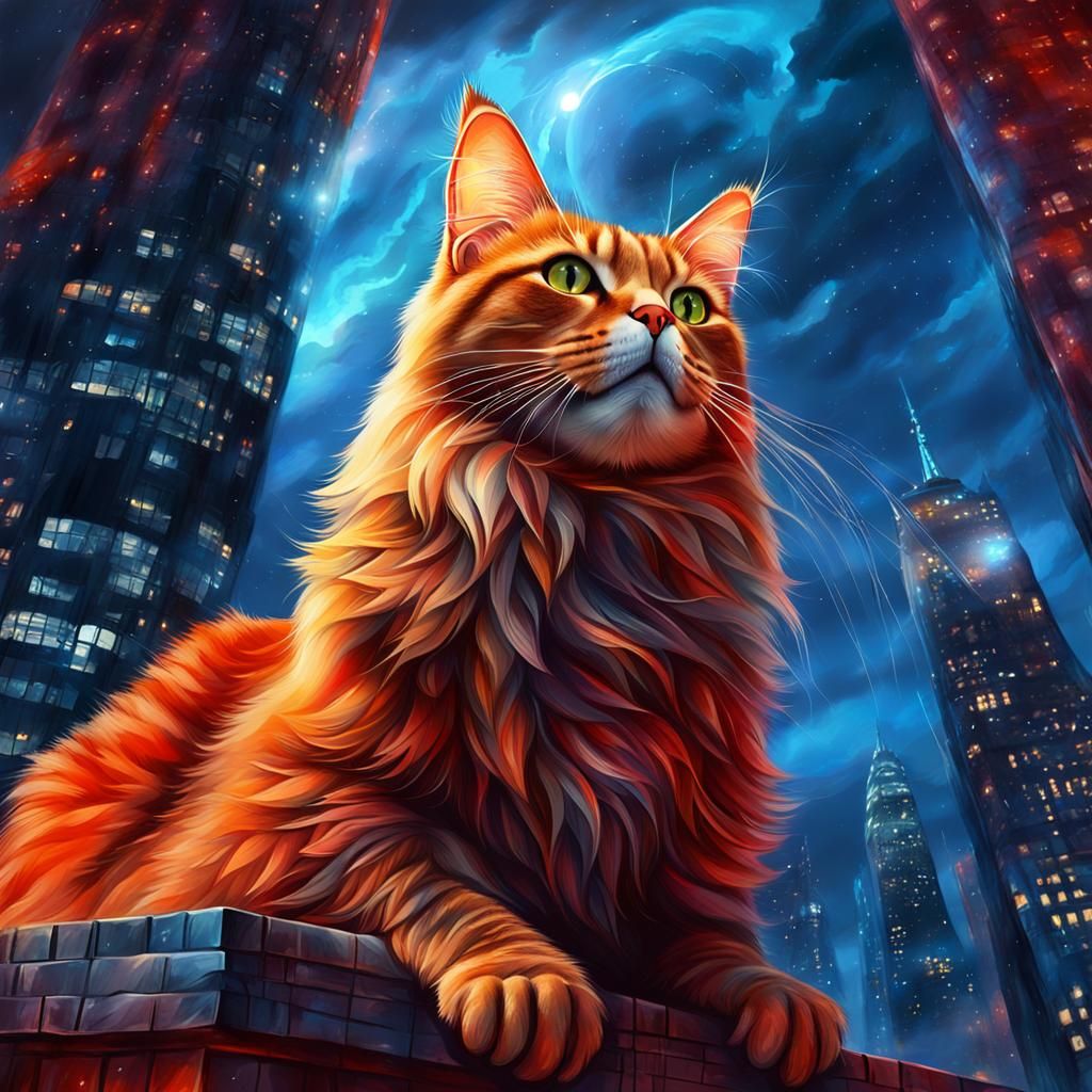 Fluffy Maine Coon Guardian in Fantasy City