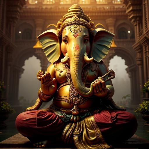 Devotees Worship Ganesha in a Maximalist Digital Painting