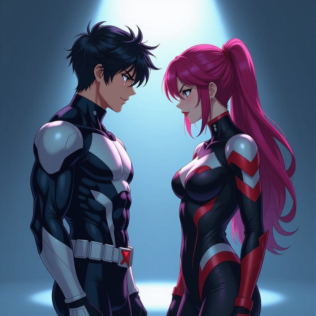 Rival Heroes' Intimate Gaze: Manga-Inspired Art