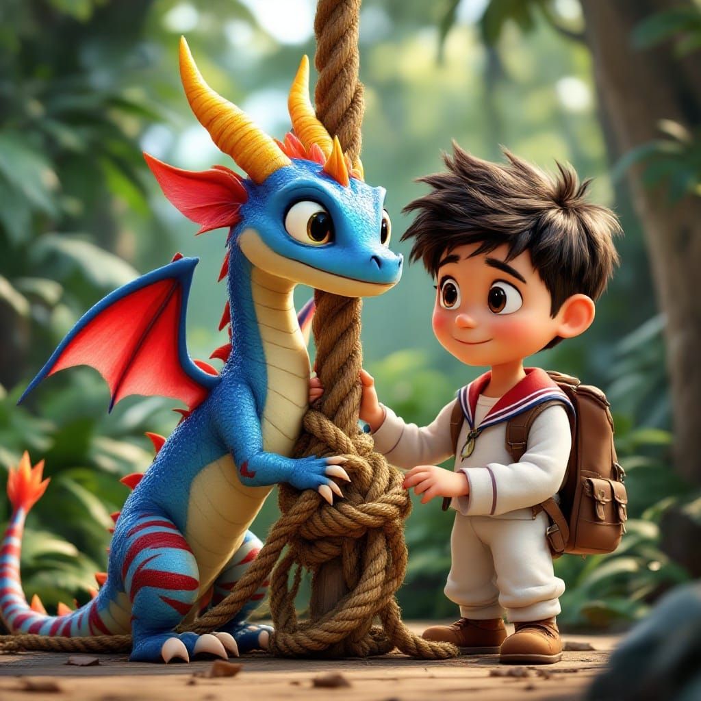 Adventurous Boy Liberates Luminous Dragon in Exotic Jungle