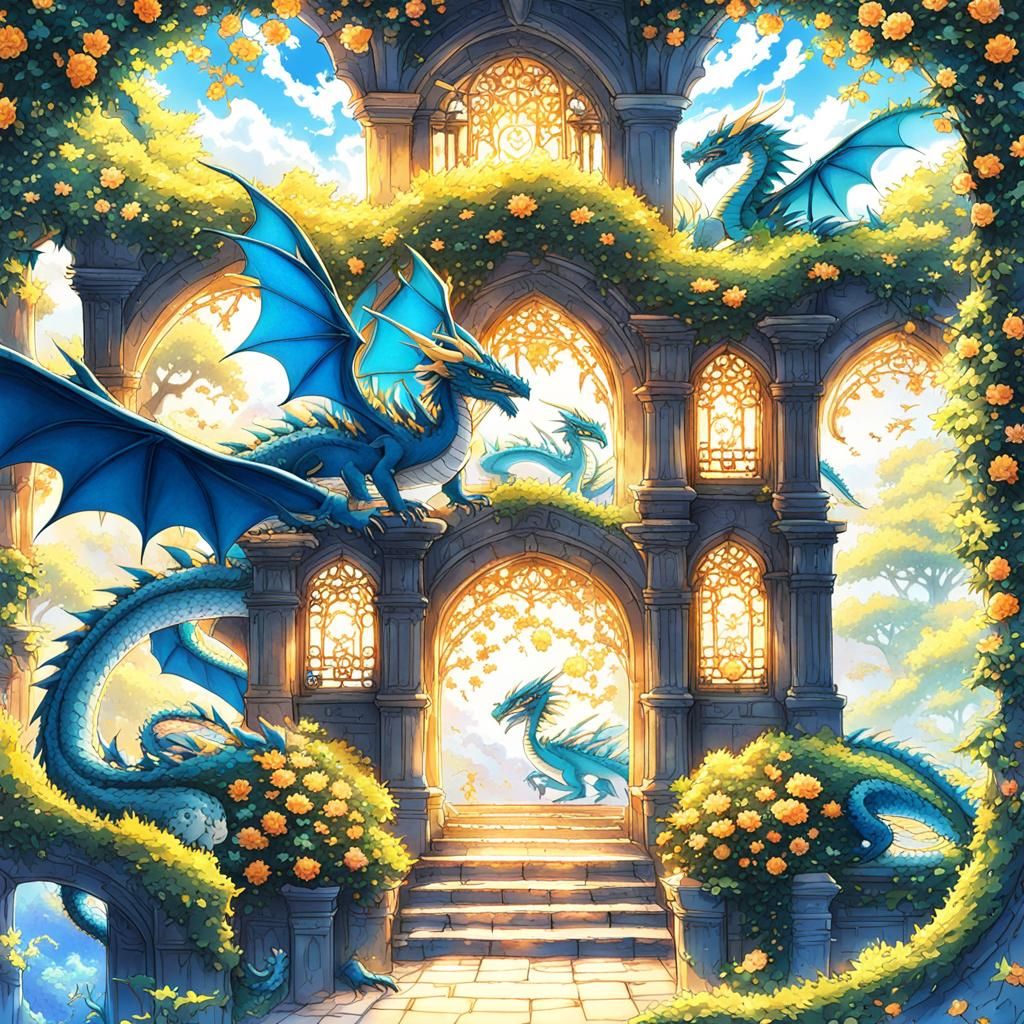 Dragons and Fairy in Rose Alcove: Anime Style