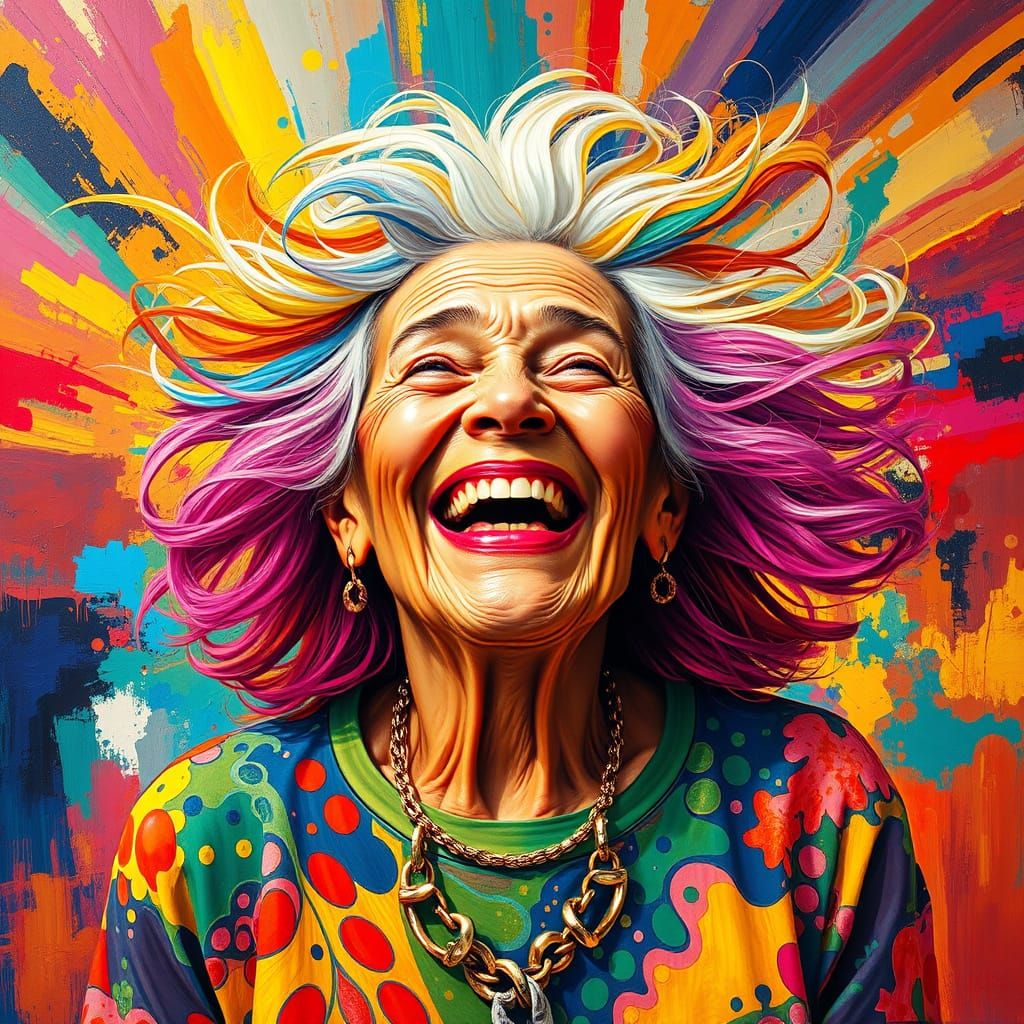 Elderly Woman Radiates Joy in Rainbow-Hued Portrait