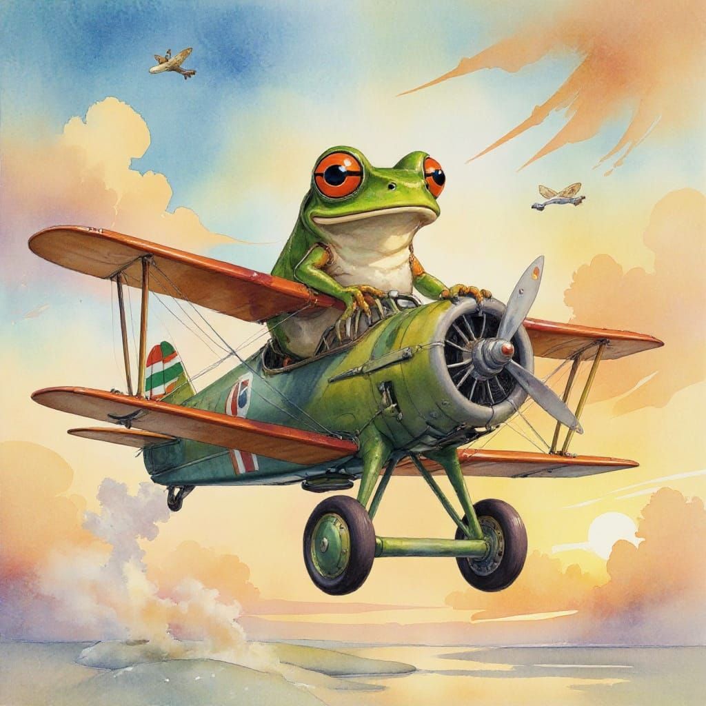 Frog Pilot Flies Biplane: Watercolor Painting