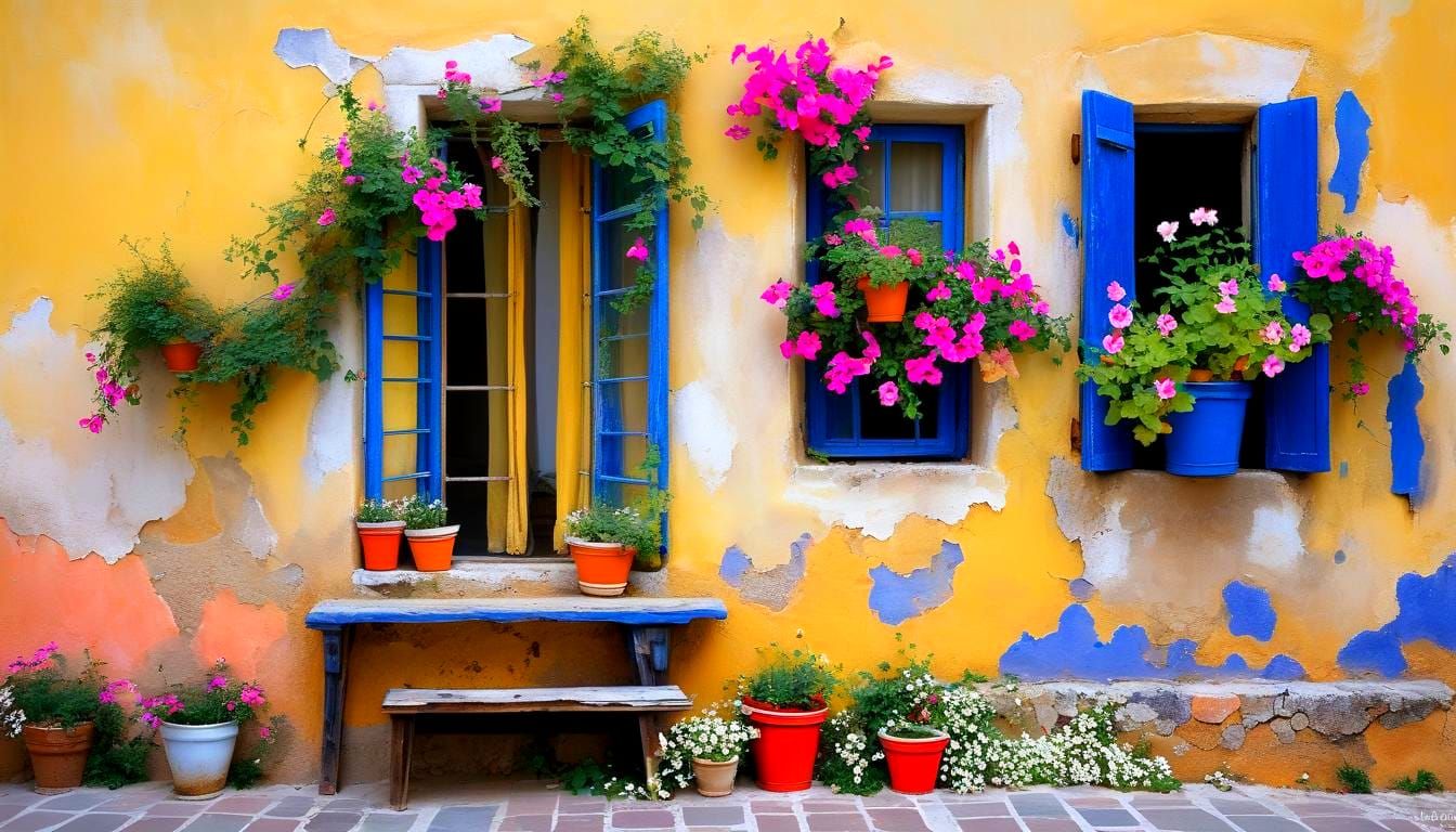 Decaying Mediterranean Windows with Petunias, Impressionist ...
