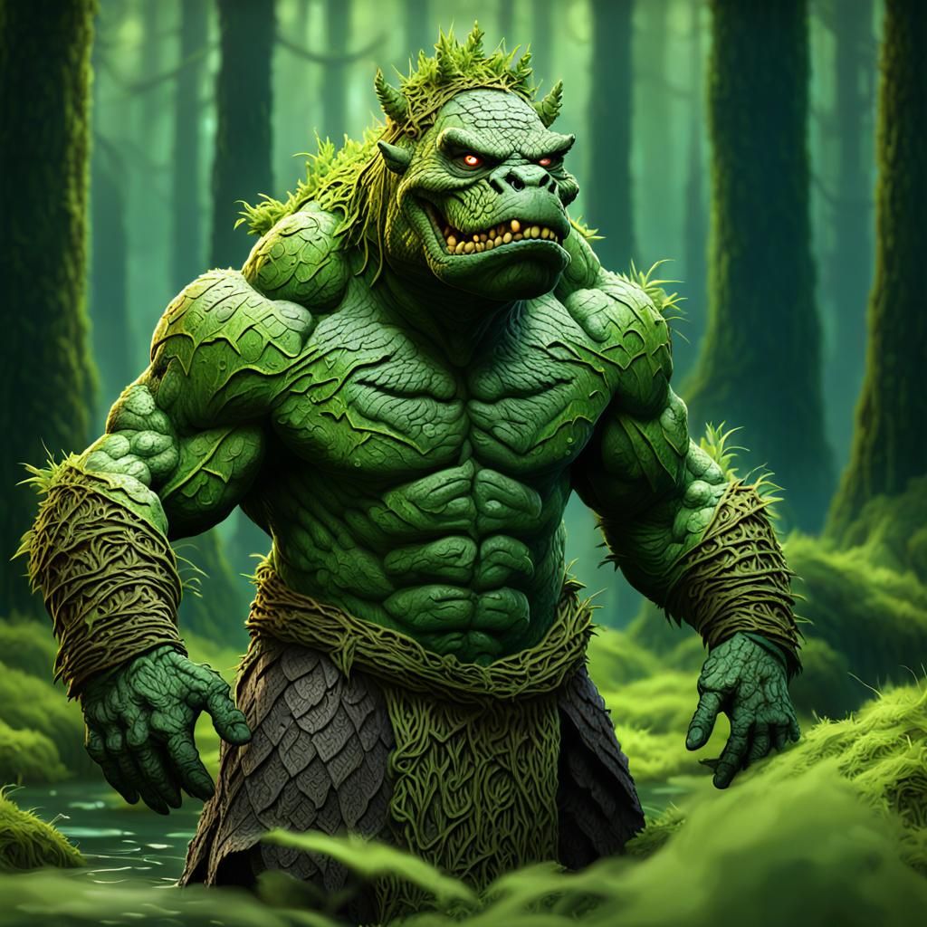 Ork Druid on Alligator in Mossy Swamp: 3D Anime Art