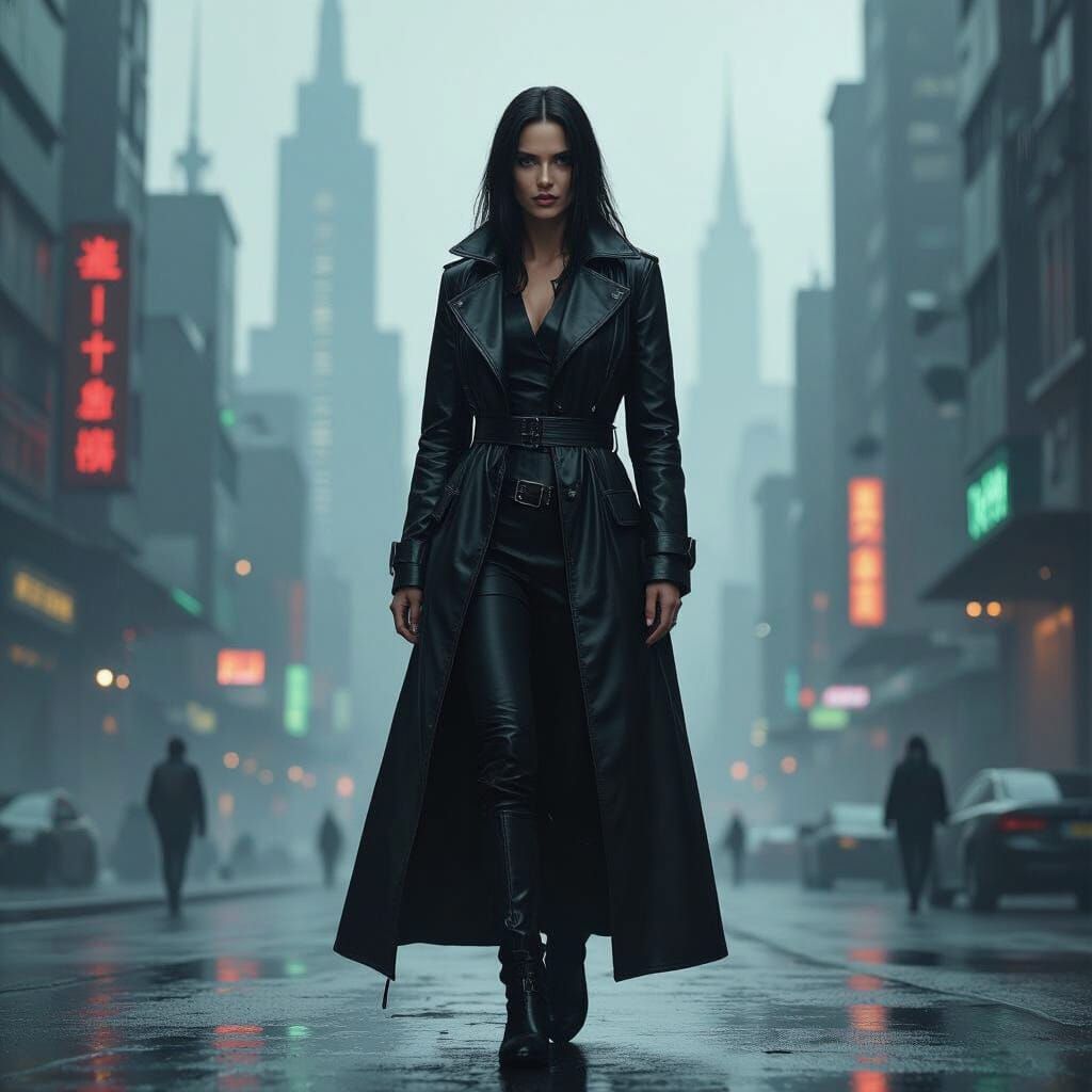 Trinity in Cyberpunk Dystopian Cityscape