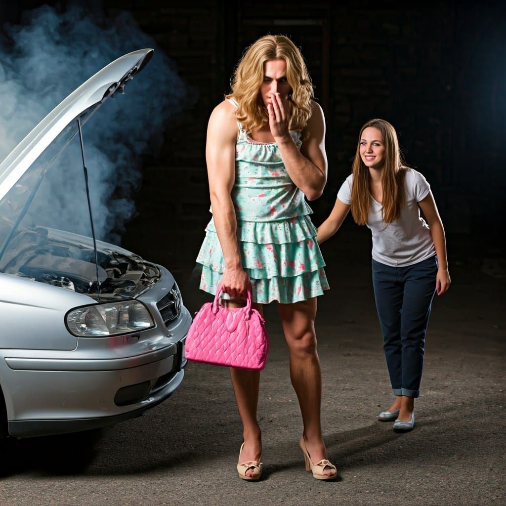 Handsome Man Crossdressing as a Woman in Pastel Dress and Hi...