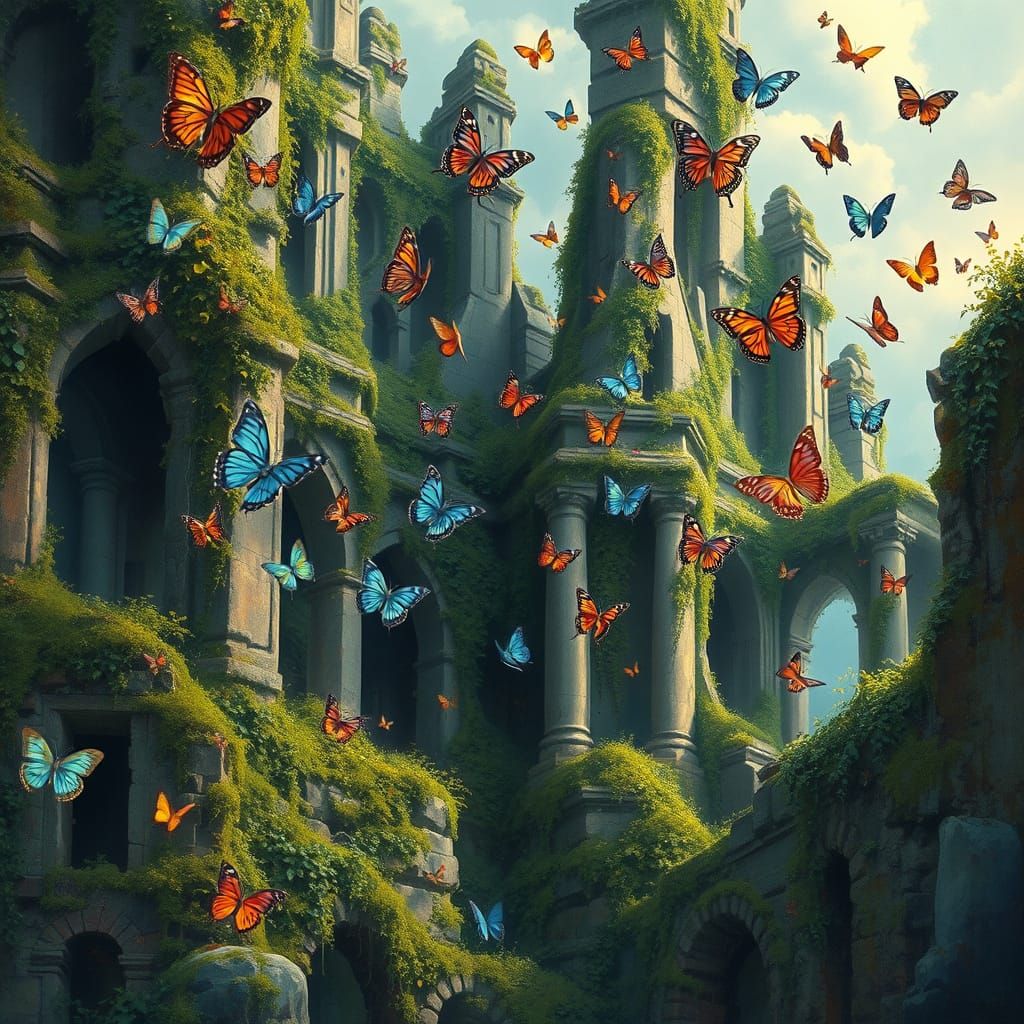 Mystical Lost City Reclaimed by Nature in Vibrant Gouache Wa...