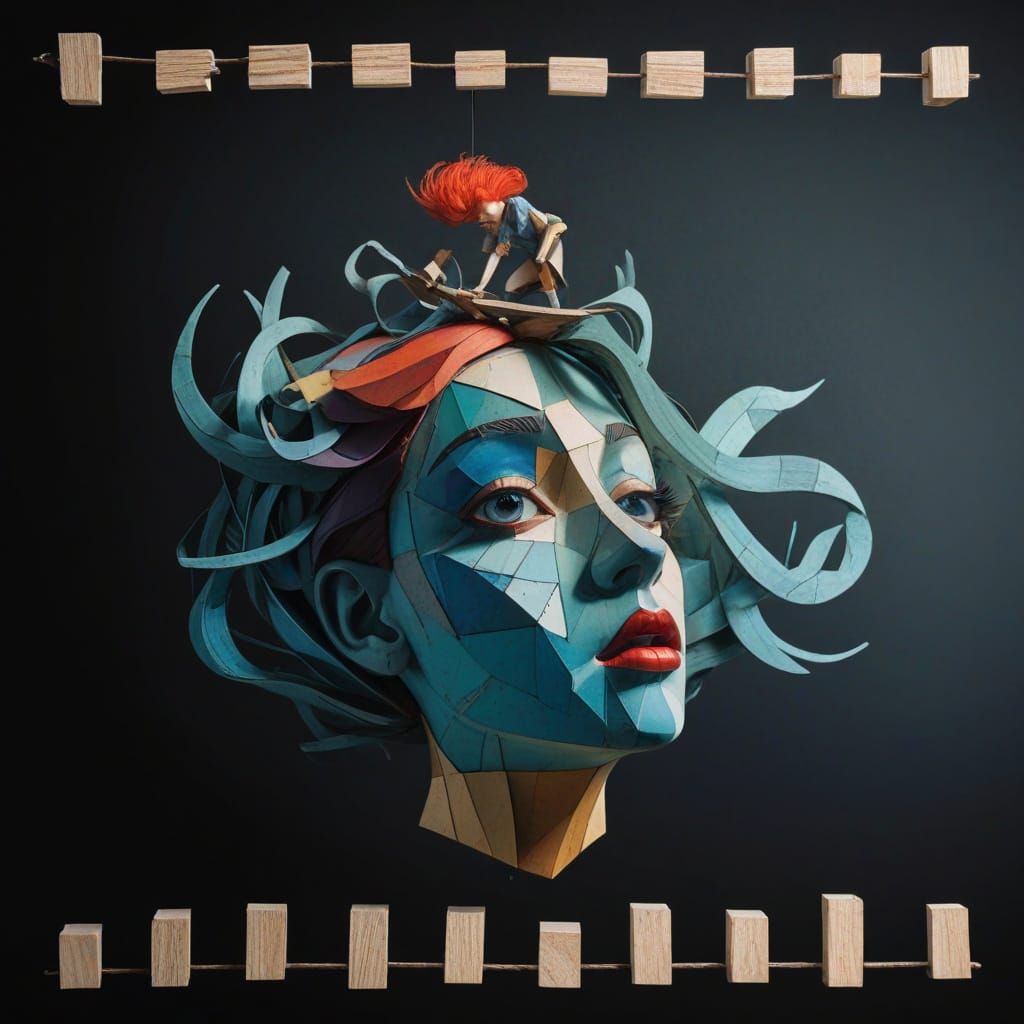 Cubist Woman Made of Plywood and Wood, Surrounded by Whimsic...