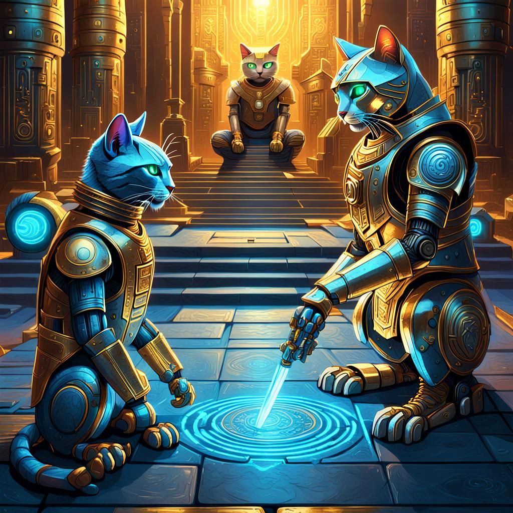 Epic Robot Cat Duel in a Temple of Neon and Wonder