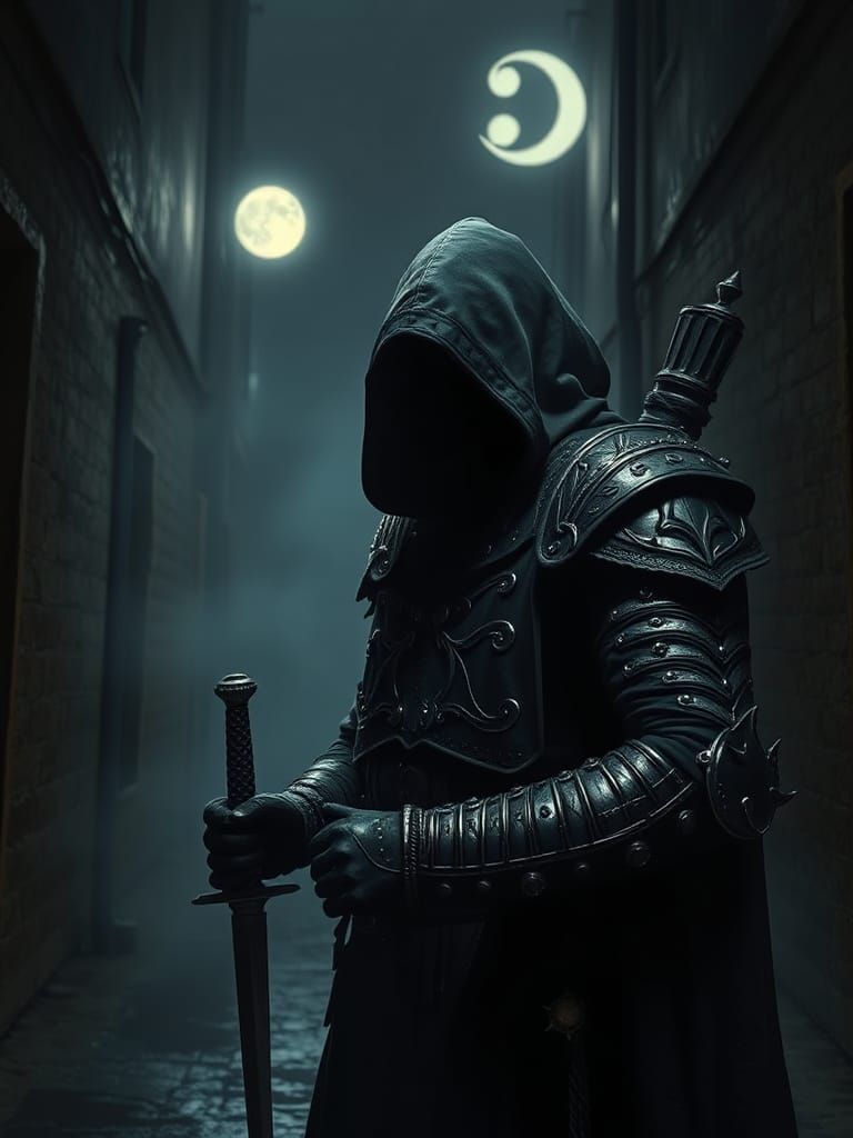 Mysterious Assassin in Moonlit Alleyway, Dark Fantasy Art
