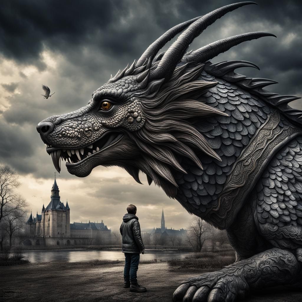 Hyperrealistic Dog and Dragon in Cinematic Style