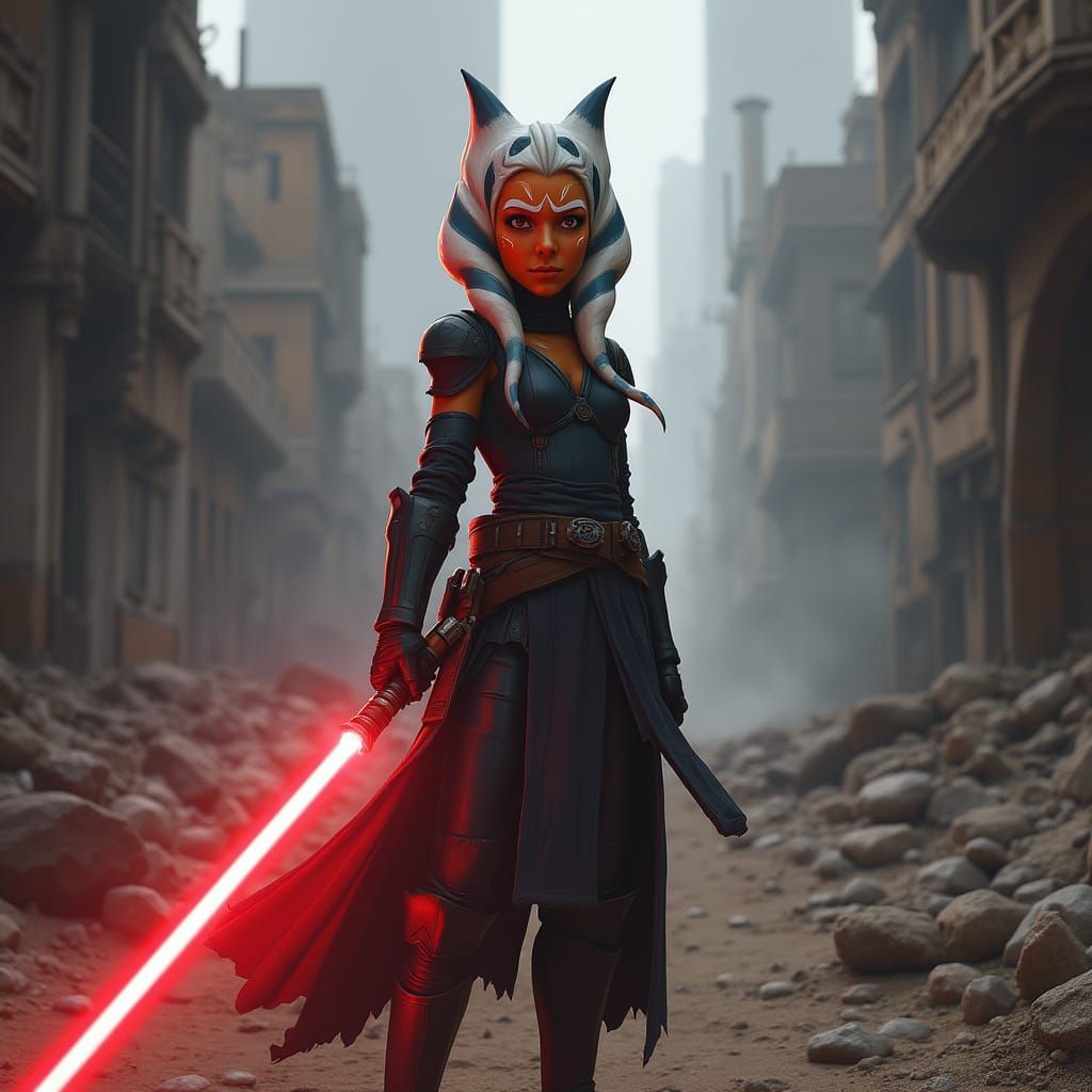 Armored Warrior in Ruined Cityscape