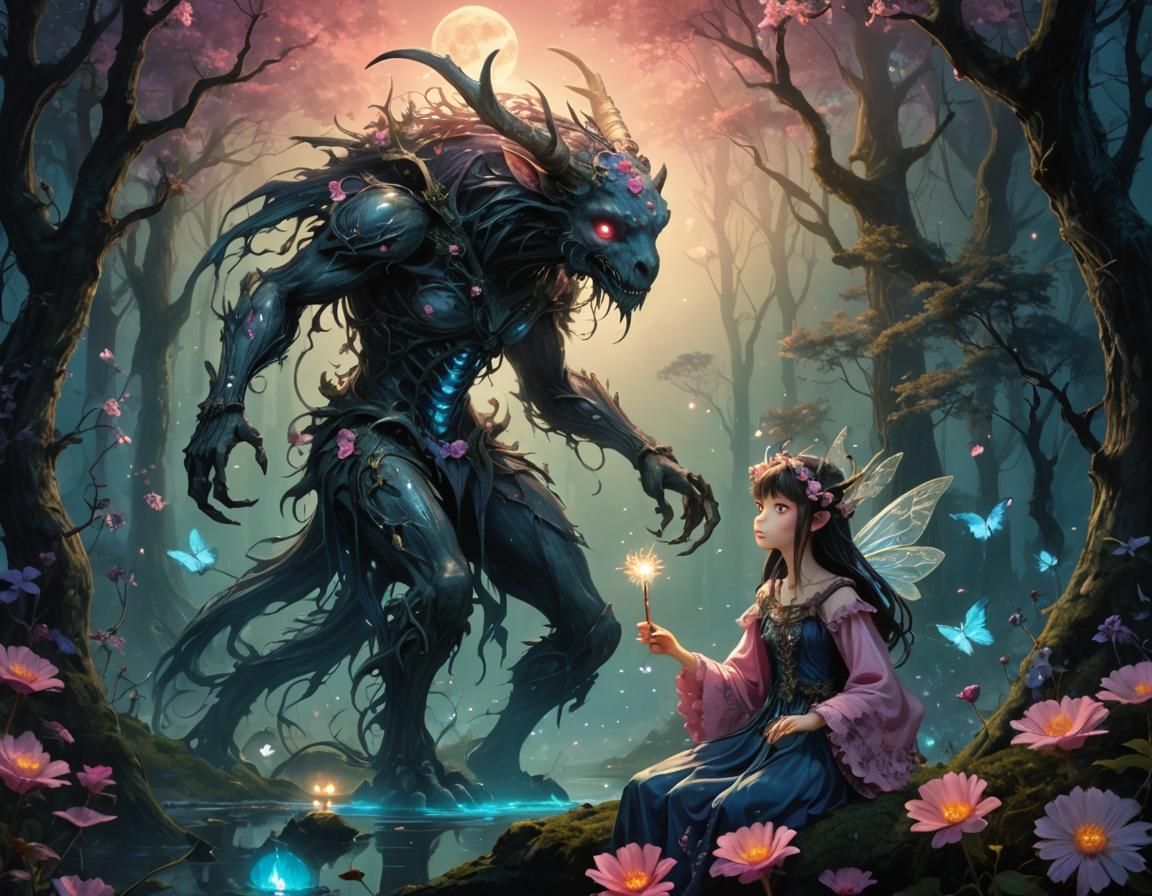 Monster and Fairy in Dark Anime Fantasy Art