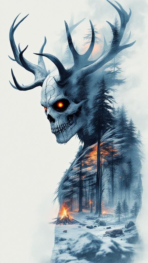 Wendigo Double Exposure: Frozen Forests and Hunger