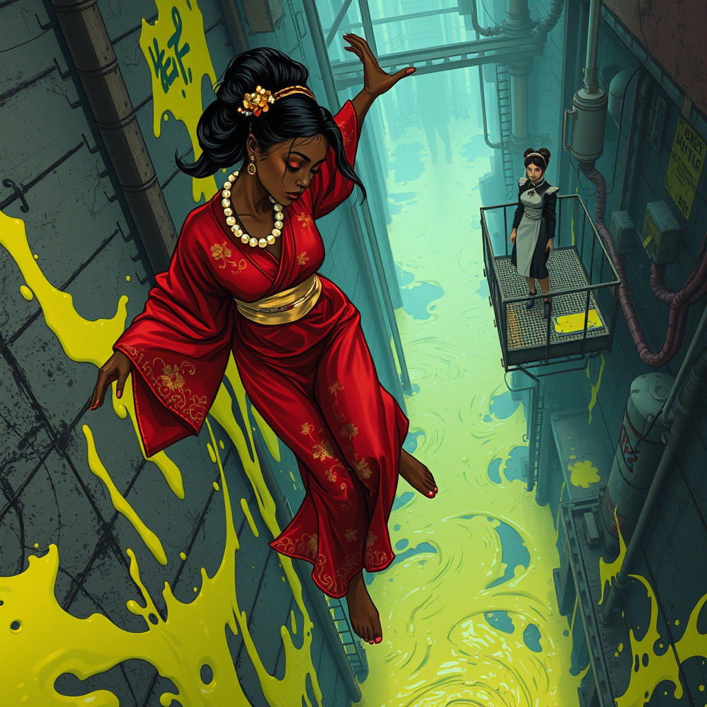 Woman Falls into Toxic Slime in Industrial Landscape