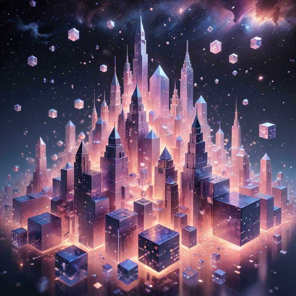 Surreal Cityscape of Glowing Cubes in Soft Pastel Impression...