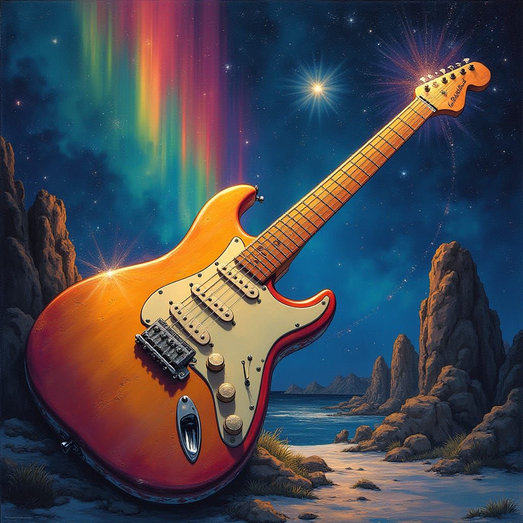 Surreal Cosmic Guitar Masterpiece in Mixed Art Style