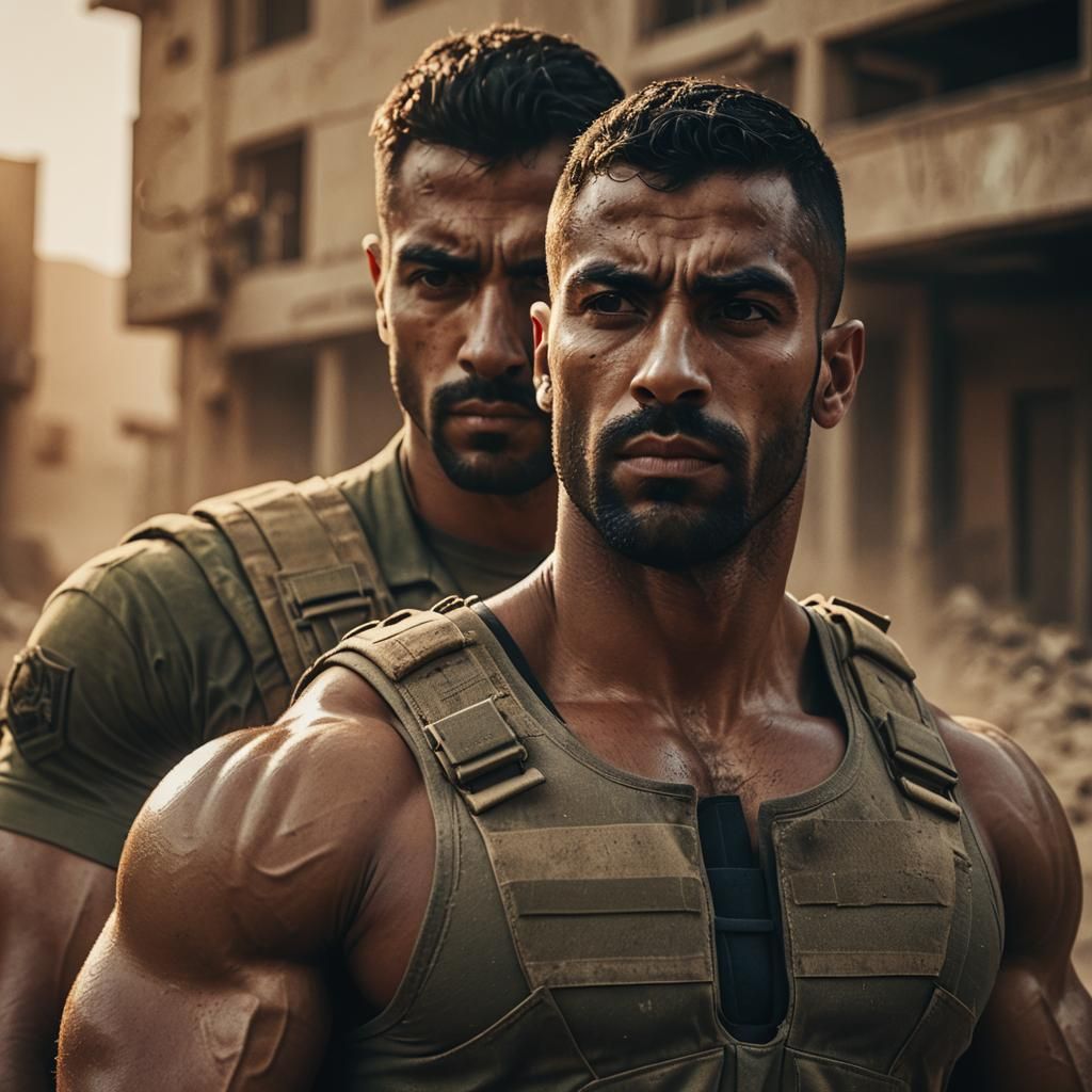 Cinematic Arab Bodybuilder in Military Gear