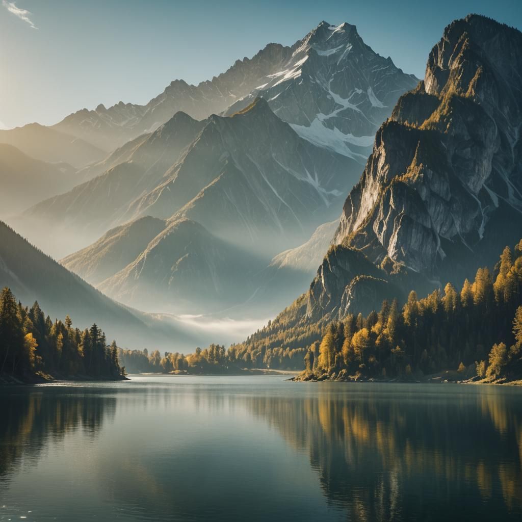 Majestic Mountains and Serene Lake Landscape in Golden Light