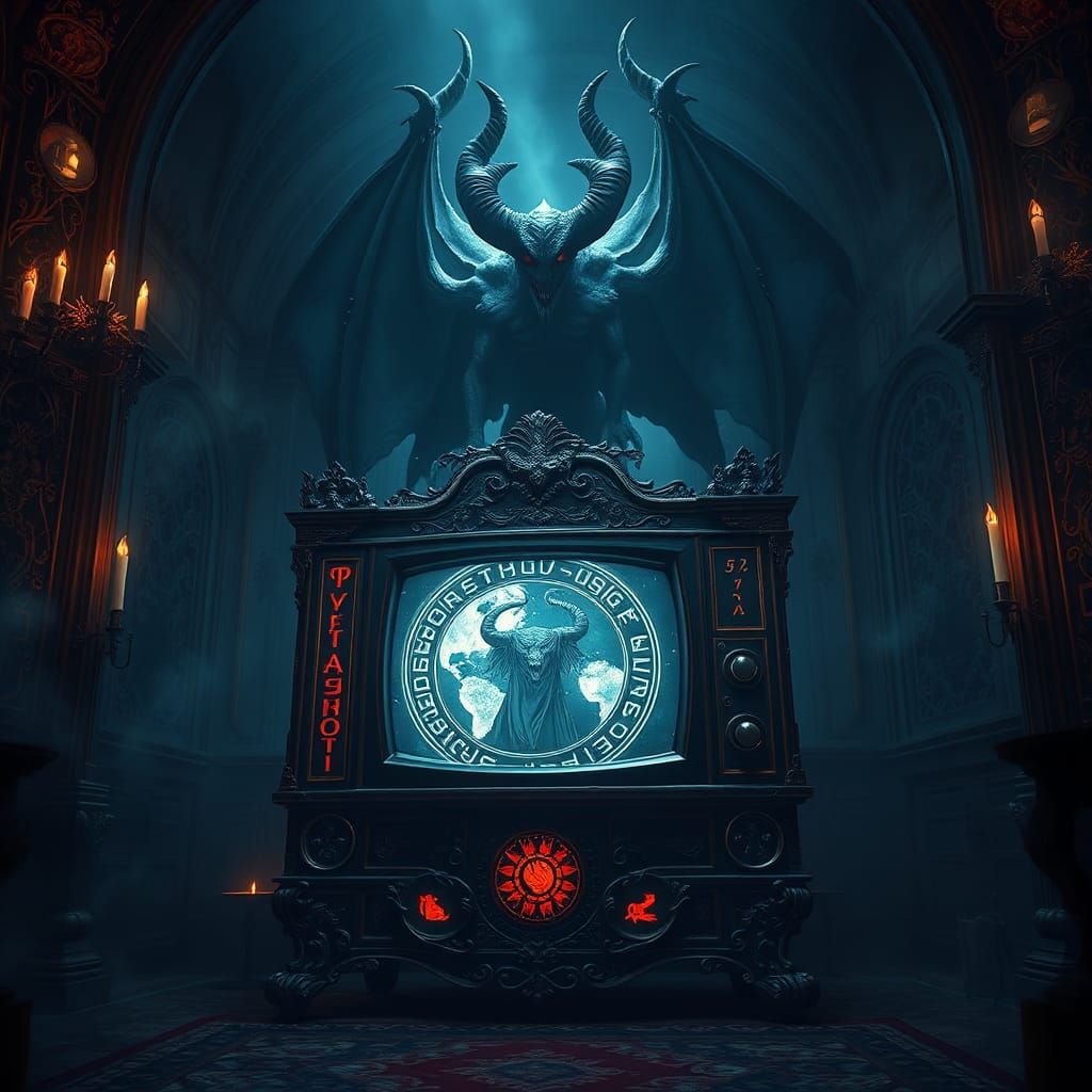 Ornate TV with Demon in Dark Fantasy Chamber