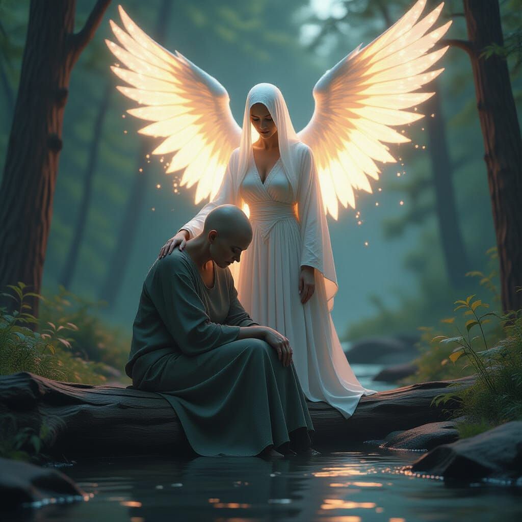Bald Woman Finds Solace by Stream with Celestial Being