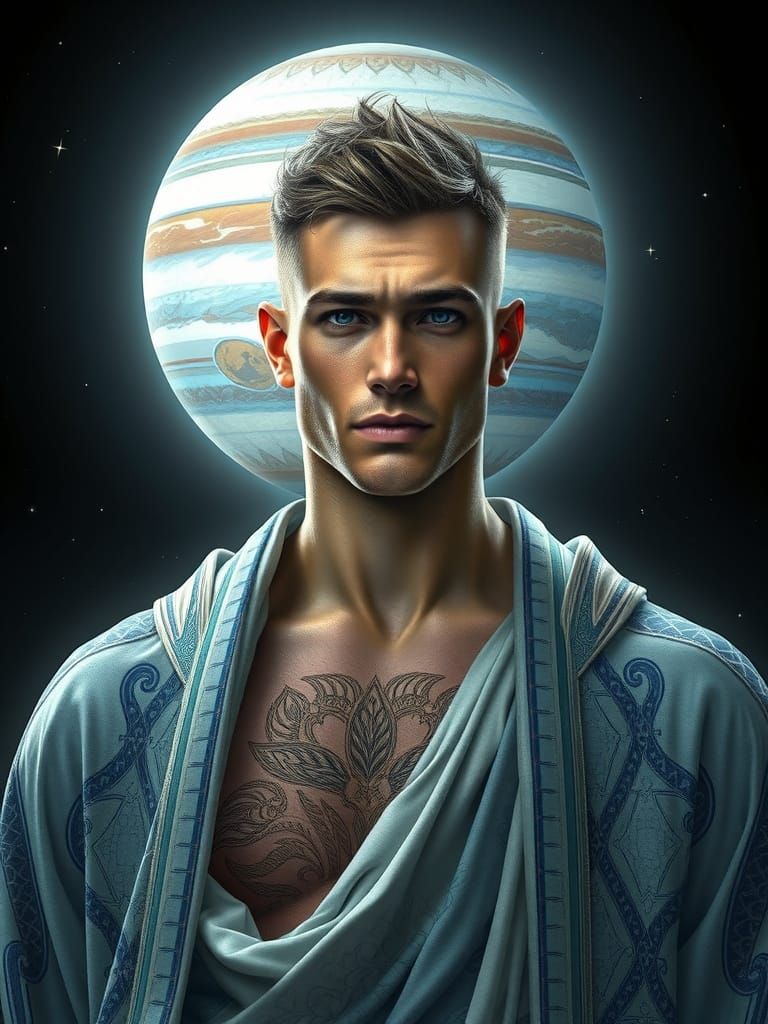 Regal Jupiter God in Vibrant Blues and Whites