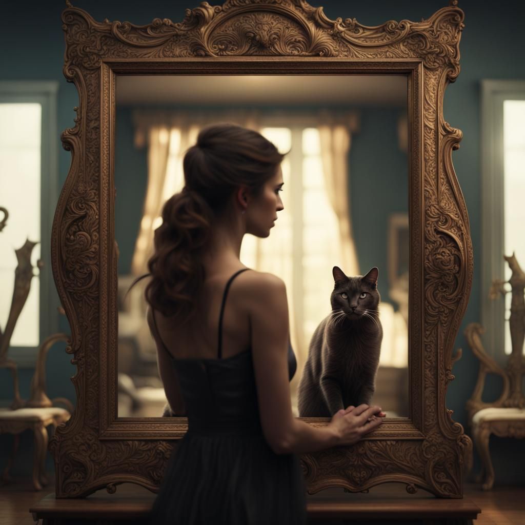 Woman and Cat Mirror Reflection: Digital Matte Painting