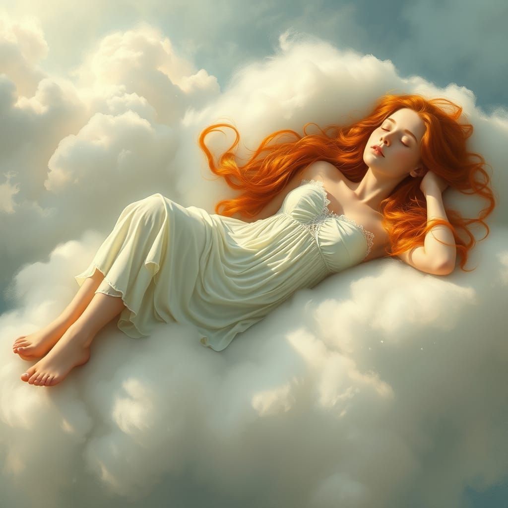 Romantic Red-Haired Goddess on a Cloudy Bower