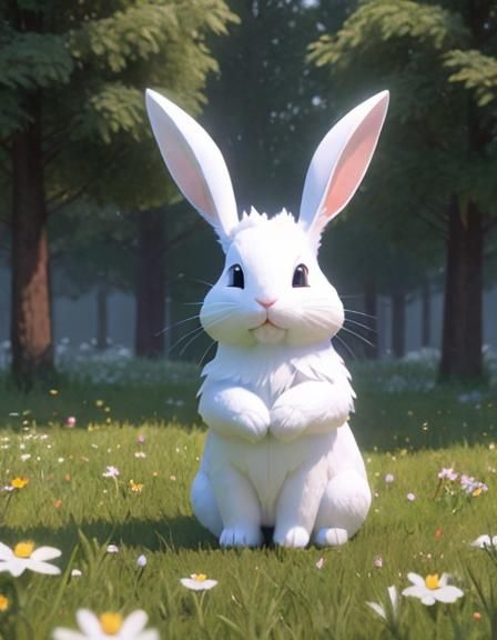 Cuddly White Rabbit in Meadow: 3D Digital Art