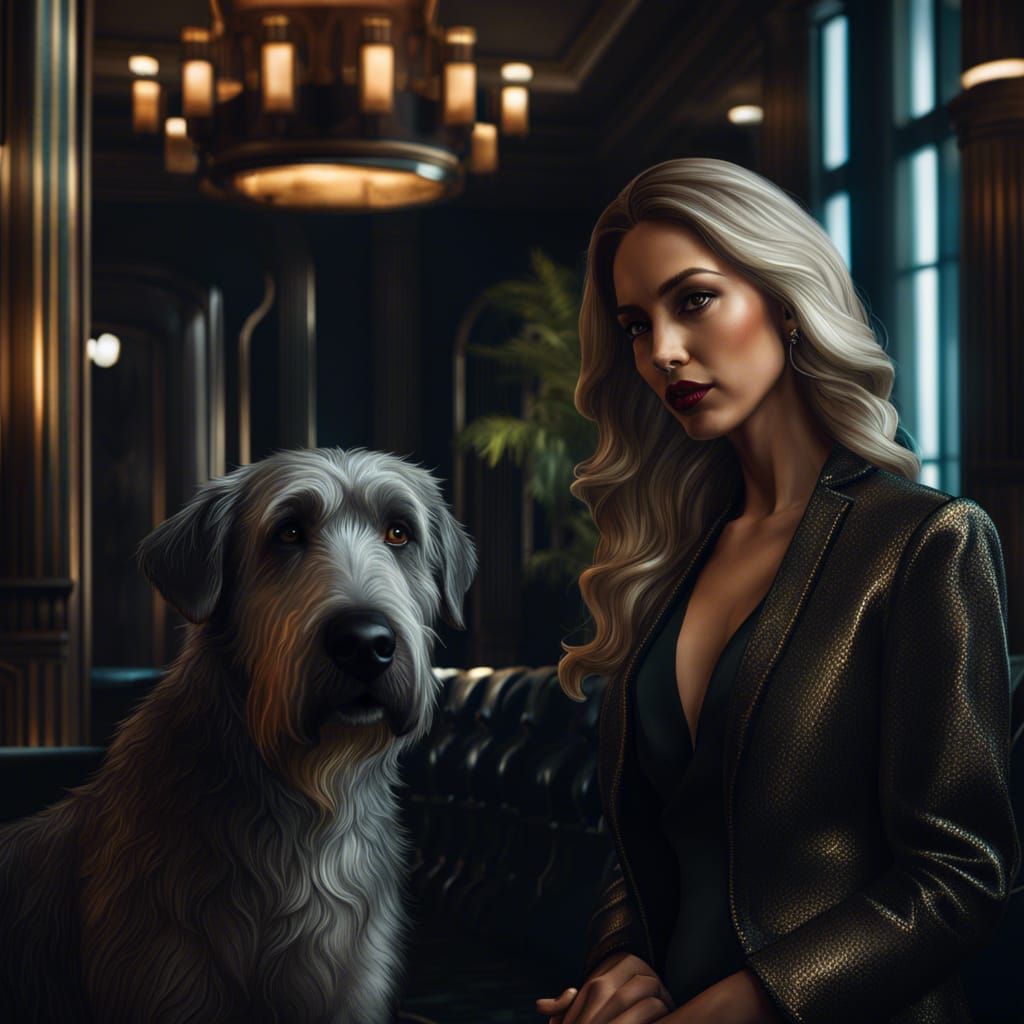 Mysterious Woman and Irish Wolfhound in Noir Style