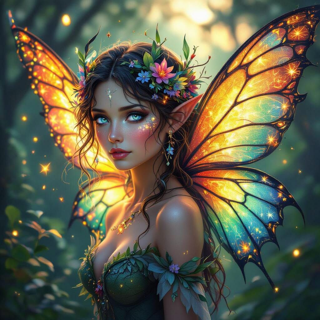 Majestic Fairy with Fire & Nature Wings at Twilight