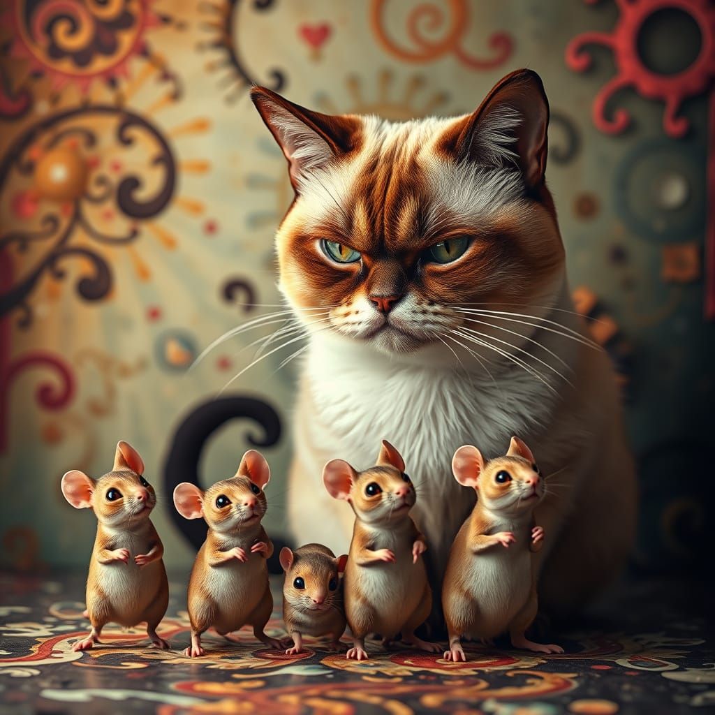 Disgruntled Siamese Cat Observes Whimsical Mouse March in Dr...