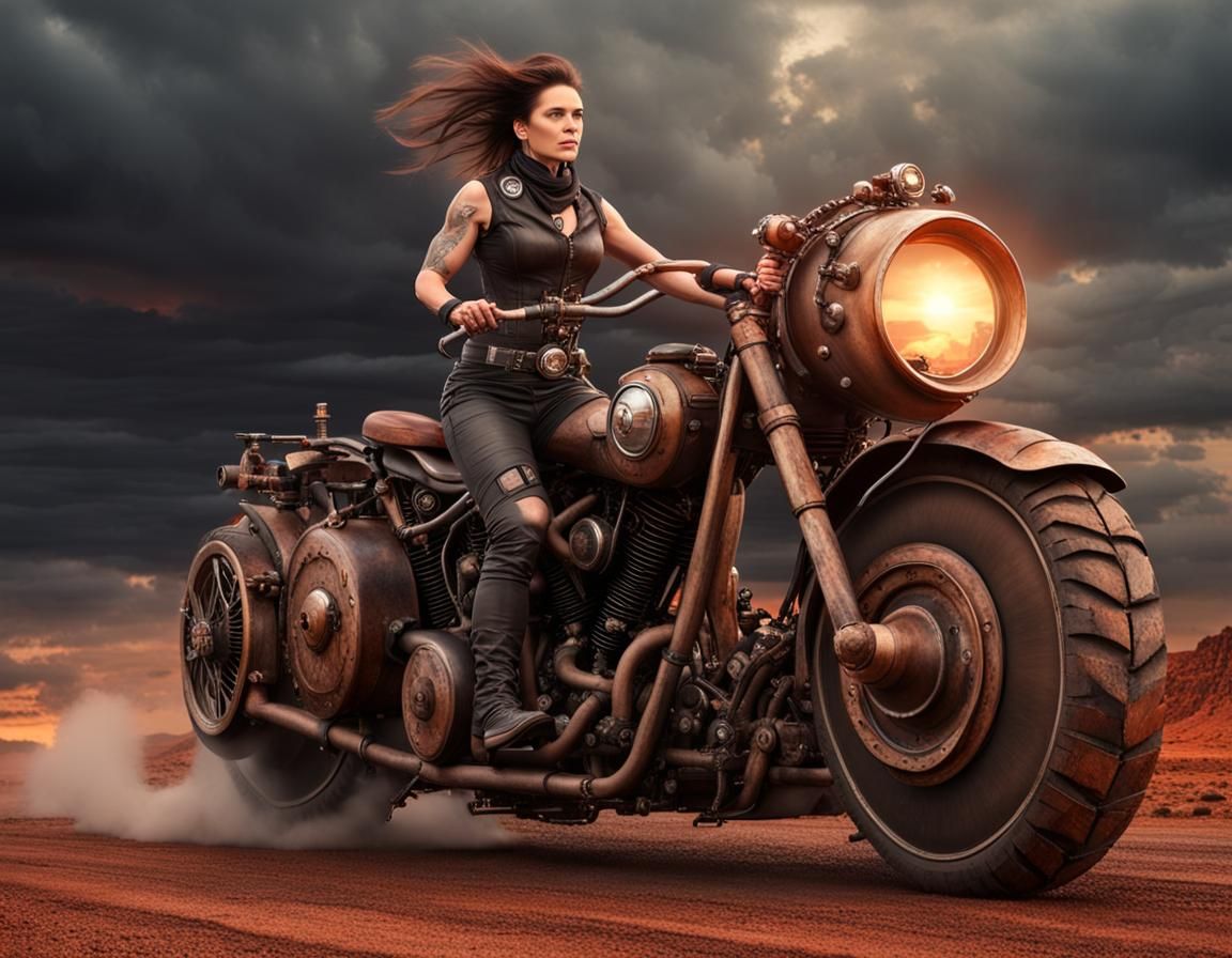 Steampunk Rider on Desert Highway at Sunset