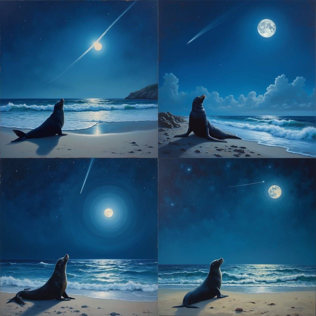 Surreal Ocean Night Scene with Comet and Full Moon