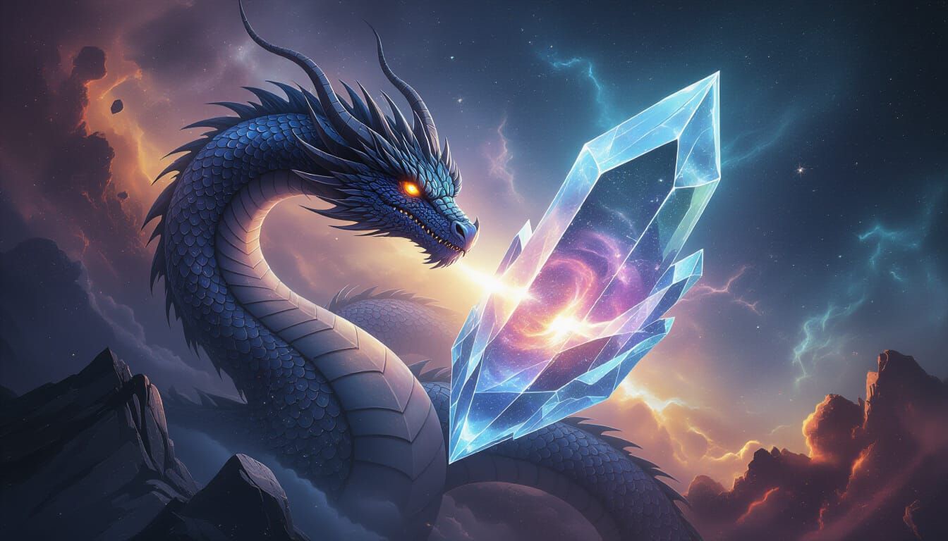Celestial Dragon Coils Around Arcane Crystal