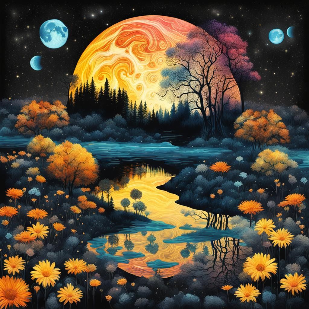 Surreal Double Exposure Fantasy Landscape in Ink Art Style