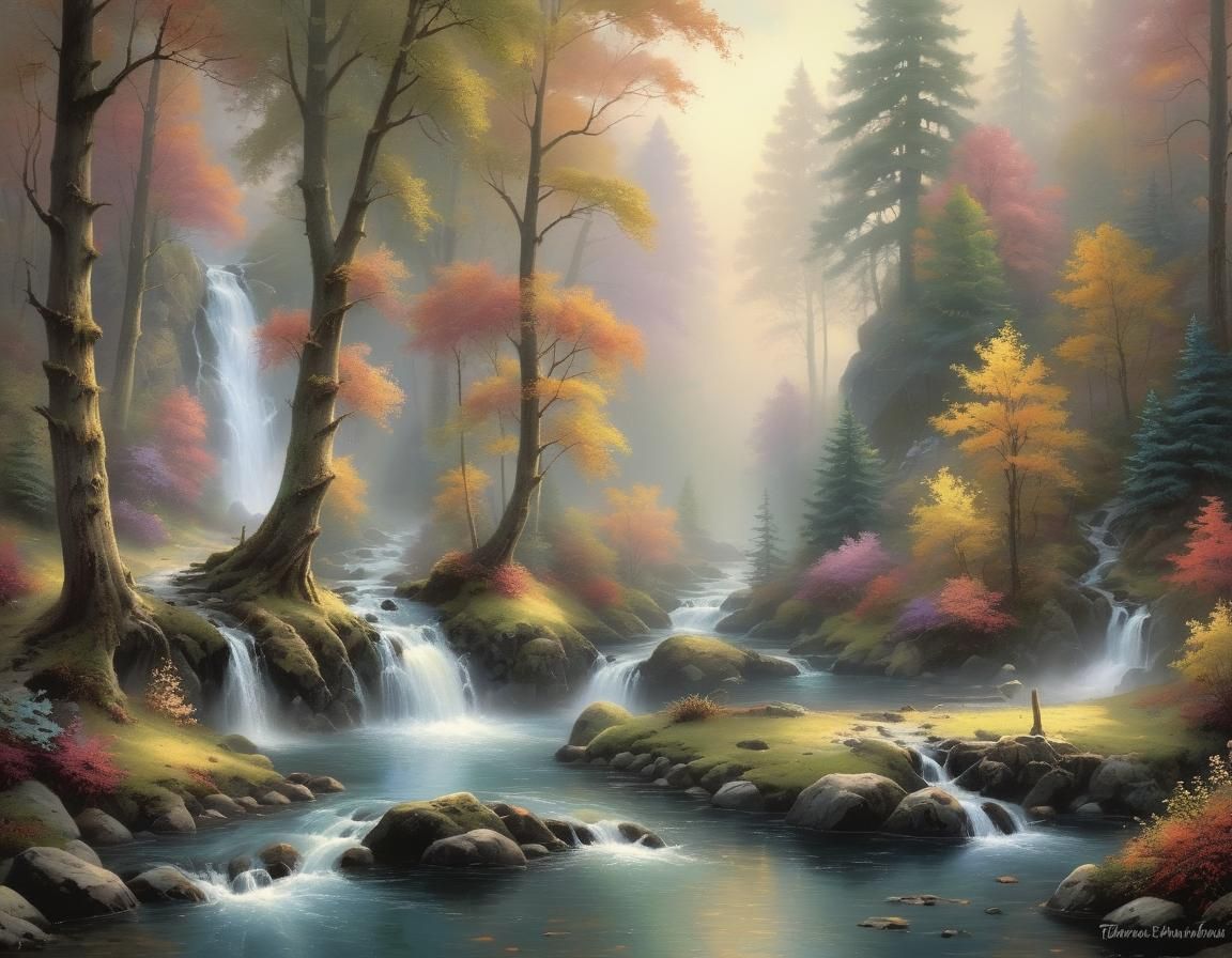 Autumn Forest River and Waterfall in Ethereal Style