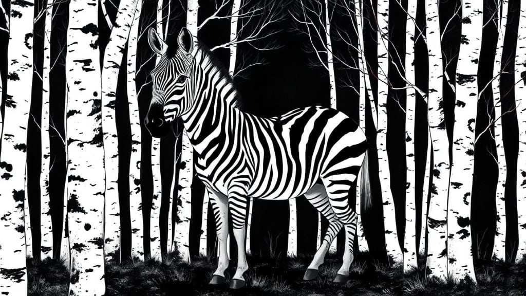 Elegant Zebra Amidst Birch Forest in Monochromatic Ink Art