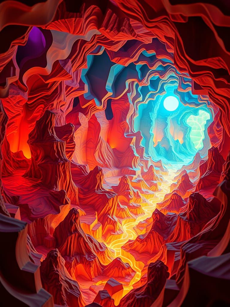 Bioluminescent Landscape in Layered Papier-Mâché 3D Illusion