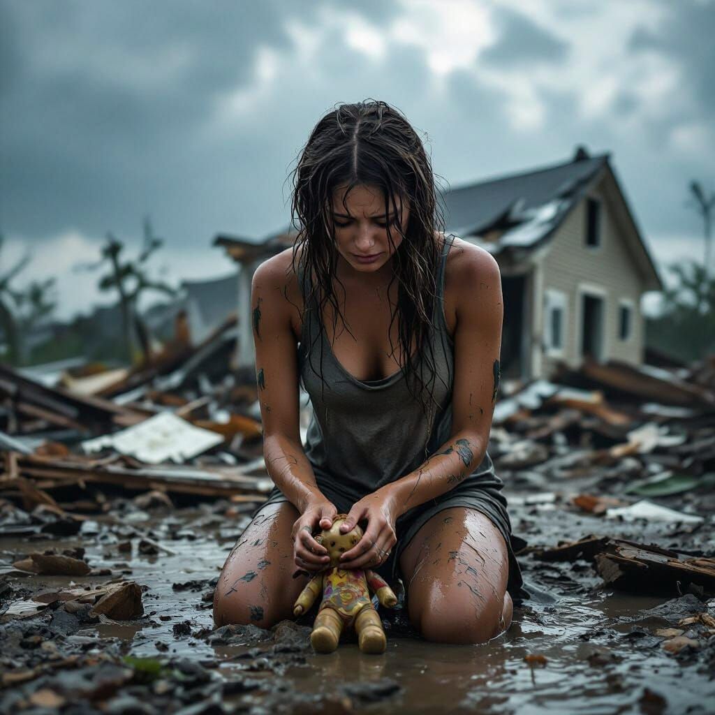 Woman Grieving Amidst Hurricane Ruins in Realistic Photo