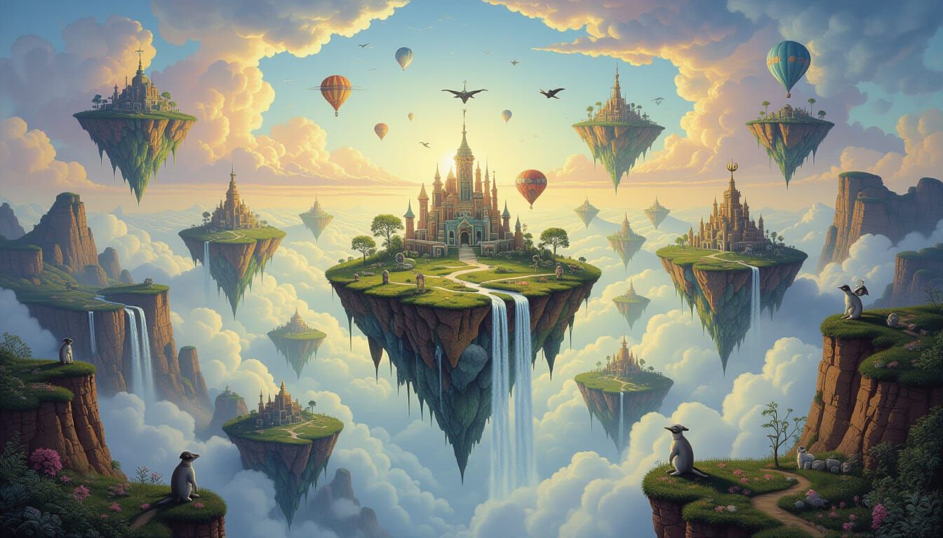Surreal Floating Islands and Waterfalls Landscape