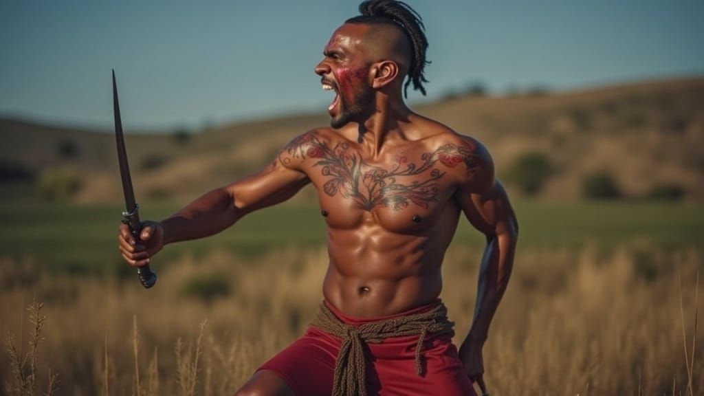 Muscular Warrior Screaming in Fierce Battle