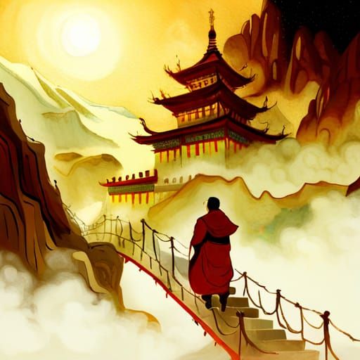 Monk Climbing to Tibetan Temple, Fantasy Illustration