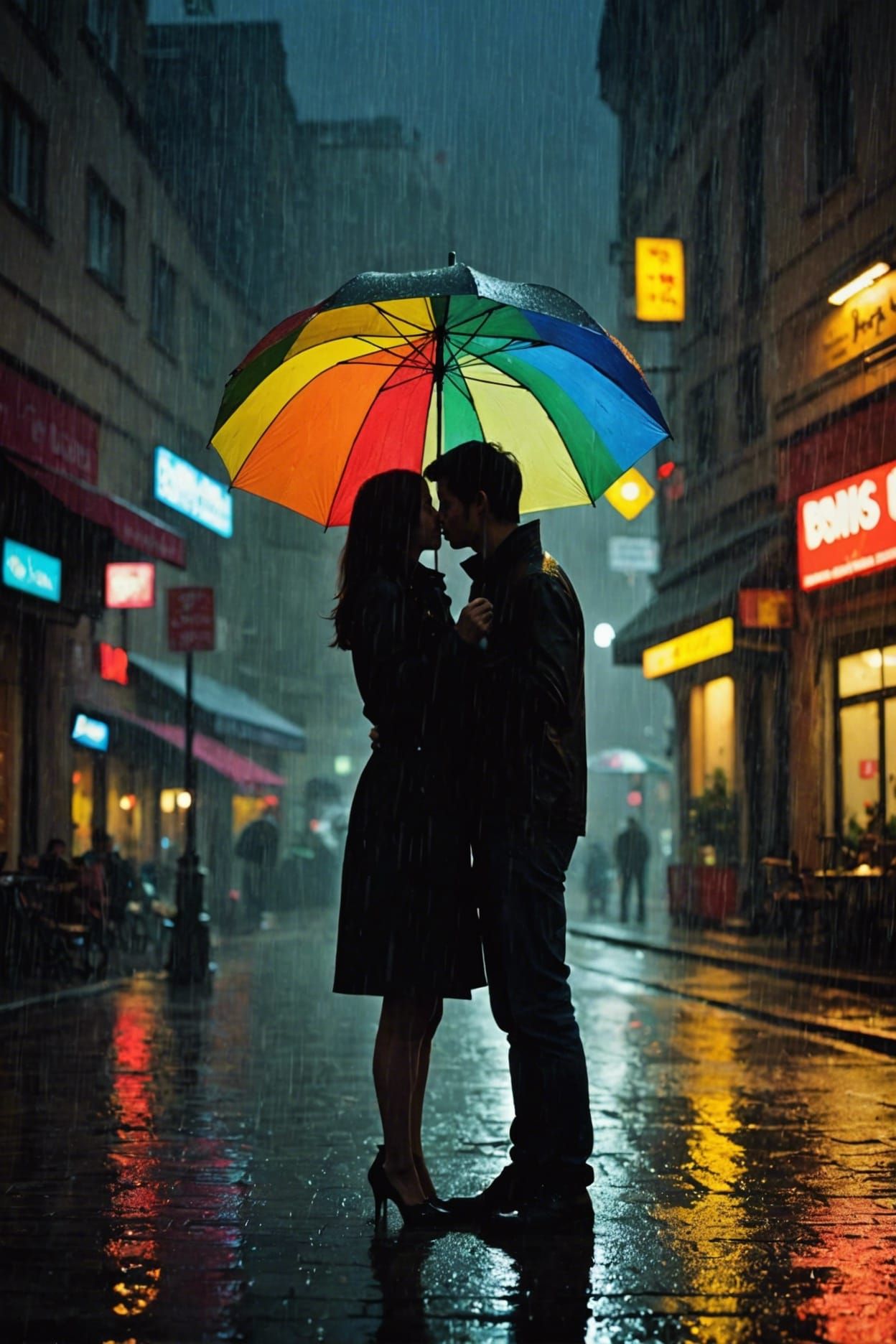 Lovers Embracing in Rainy Chiaroscuro